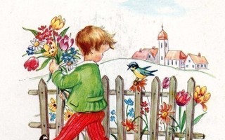 LAPSET / Poika ja kukkia, visertelevät linnut. 1960-l.