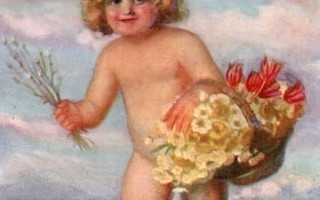 LAPSET / Alaston pikkutyttö kukkakori käsivarrella. 1920-l.