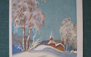 Vanha joulukortti: Kirkko ja lumiset puut/ PK 4042/20