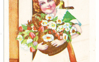 Tyttö ja kukkakimppu - kulk.1930-luvulla