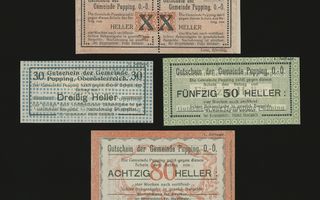 Itävalta Notgeld 20, 30, 50, 80 Heller, Pupping, Painos I