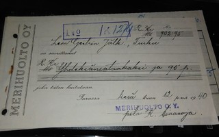 Merihuolto Oy Kuitti ja Laskelma 1940 PK300/1