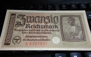 Natsi Saksa 20 RM Hakaristi seteli 1940-45 PR139 sn825