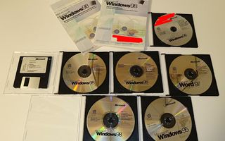 Windows 95 ja Windows 98 asennuslevyjä + muuta