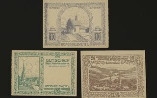 Itävalta Notgeld 10, 20, 50 Heller, Zwettl 1920