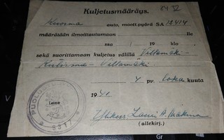 Kuljetusmääräys Villamäki-Kutisma-Villamäki 1941 PK900/18