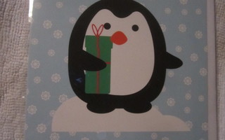 Pingviini ja lahjapaketti - taittokortti + kirjekuori