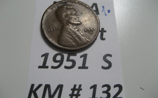 U.S.A   1 Cent 1951 S  KM # 132  Pronssi  "Lincoln - Wheat P