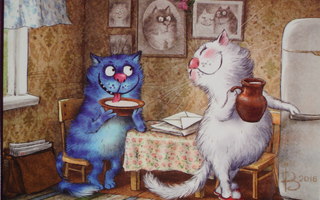 Irina Zeniuk sininen kissa saa maitoa lautaselle