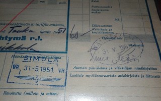 VR Vainikkala Simola Asemaleima Rahtikirja 1951 PK140/8