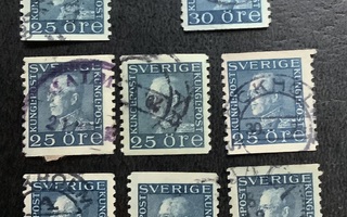 Ruotsi Kustaa V sivuprof. sininen 25 ja 30 öre 1921-38