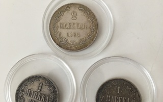 2 Markka hopea1908 ja 2 kpl 1 Markka hopea 1866 ja 1893