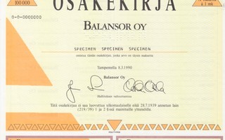 1990 Balansor Oy spec, 100 000 Tampere pörssi osakekirja