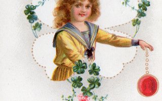 Vanha pääsiäiskortti-tyttö ja neliapilat