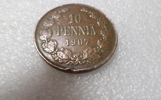 10  penniä 1907    kl 6-7   pientä  reuna  vikaa