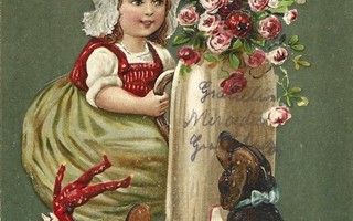 Vanha kortti: Lapsi ja mäyräkoira, 1915