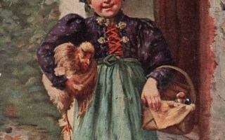 LAPSET / Soma tyttö kana kainalossaan ja vasu. 1900-l.