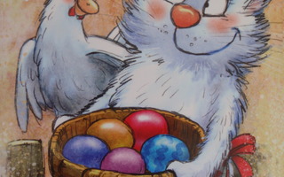 Irina Zeniuk kissalla ja kukolla munat korissa
