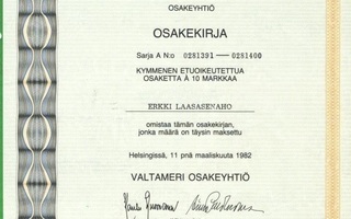 1982 Valtameri Oy, Helsinki pörssi osakekirja