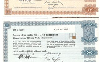 OKK Suomen valtio obligaatio 7,5 % Litt C ja D 18.8.1986