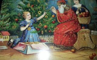 Nostalgia joulukortti : joulupukki ja tytöt