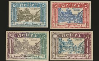 Itävalta Notgeld 10, 20, 50, 80 Heller, Sparbach