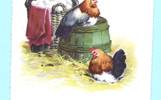 Vanha pääsiäiskortti: Kana ja kukko, 1936