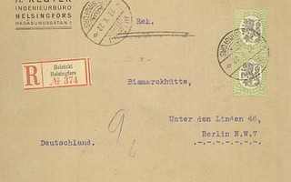 1921 2mk vihreä/musta pari kirjattu kirje Saksaan
