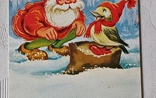 Tonttu ja lintu 21.12.76 postitettu joulukortti