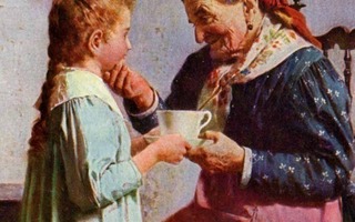 PERHEIDYLLI / Isoäiti, pikkutyttö ja kahvikuppi. 1900-l.