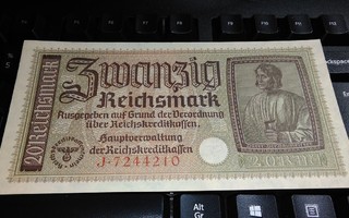 Natsi Saksa 20 RM Hakaristi seteli 1940-45 PR139 sn210