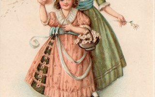 Vanha postikortti- tytöt sievissä mekoissaan, koho