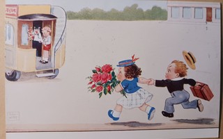 Pariskunta juoksee bussiin, piirrospk, p. 1938