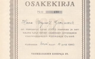 1940 Vasikkasaaren Konepaja Oy, Kotka osakekirja