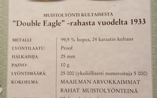 Hopeinen 99.9% muistolyönti Double Eagel 1933