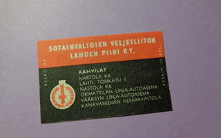TT-etiketti Sotainvalidien Veljesliiton Lahden Piiri R.Y.