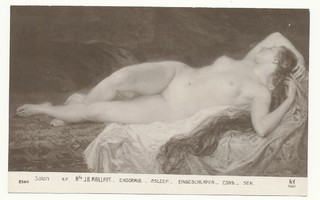 Nukkuva alaston nainen - vanha taidekortti