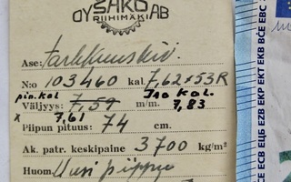 VANHA Tarkastuskortti Kivääri SAKO Oy Riihimäki 1950
