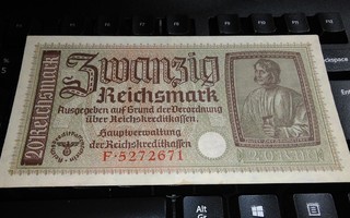 Natsi Saksa 20 RM Hakaristi seteli 1940-45 PR139 sn671