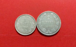 1 markka 1908 ja 2 mk 1906, ihan ok kunto. (KD1)