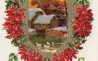 Vanha joulukortti-joulutähdet ja maisema, koho