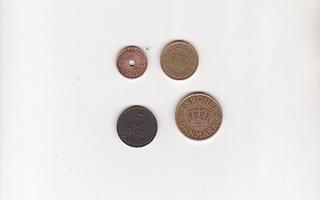 Danmark, 2 öre 1928, 1 & 2 kroner 1922 ja 5 öre 1954.