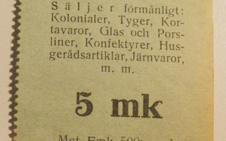 K.J. Pensar 5 mk Uusikaarlepyy / Nykarleby 1918