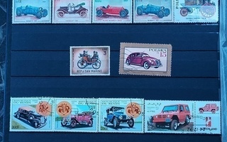 23 auto aiheista postimerkkiä mm. Monaco Benin Puola