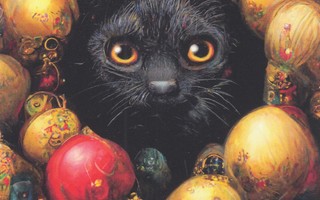 Musta kissa joulupallojen keskellä