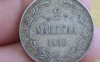 2 Markkaa 1908 hopeaa. Siisti.