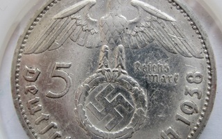 Nazi Saksa 5 mk 1938 E Hopeaa Hakaristi HYVÄ Lyöntikiiltoaki