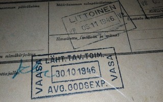 VR Wasa Vaasa Läht.tav Asemaleima Rahtikirja 1946 PK140/8