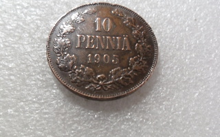 10  penniä 1905   hieman patinoitunut   kl  6-7