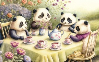 Pandat kahvipöydässä (postikortti)
